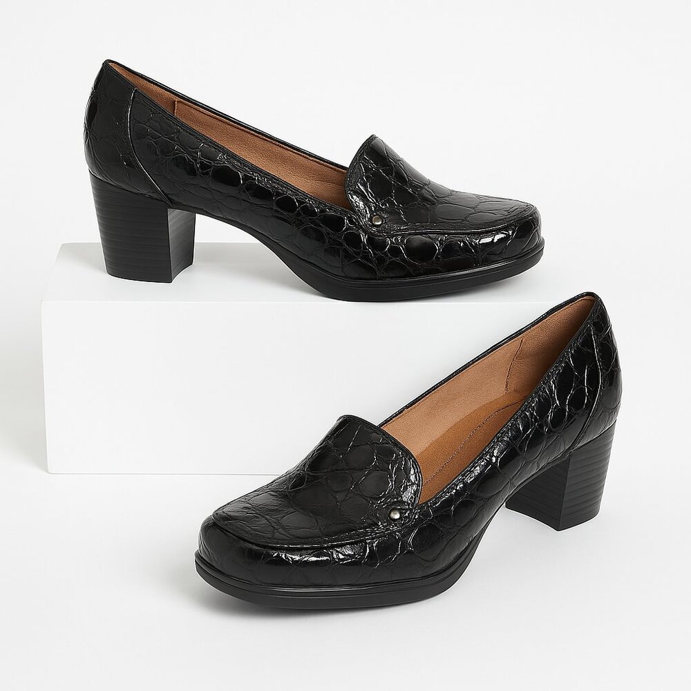 Natural Soul by Naturalizer Faustina Black Croc-Embossed Block Heel Loafers – 7M